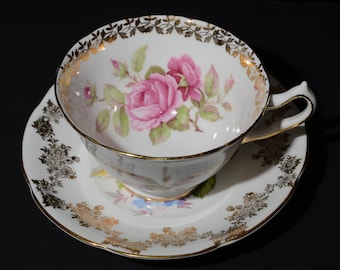 COLLINGSWOODS Teacup and saucer set Tea Cup Set Pink Rose Bone China Cups England numbered Valentine Valentines Day Gift
