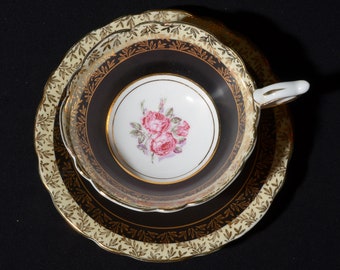 ROYAL STAFFORD Teacup and saucer Set Bone China black band Made in England Pink rose center Flower Vintage black teacup