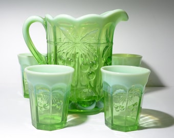 Rare Mosser Cherry Cable Green Opalescent Pitcher 4 Tumbler