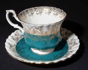 ROYAL ALBERT Filiżanka do herbaty z porcelany kostnej i spodek Seria Regal Głęboki turkusowo-zielony Złoty Złoty brzeg Anglia Vintage turkusowy Kształt Montrose