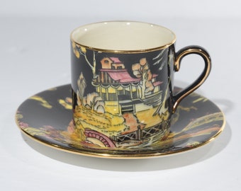 ROYAL WINTON Grimwades black Pekin flat cupdemitasse espresso cup saucer black chinoiserie English Pottery England
