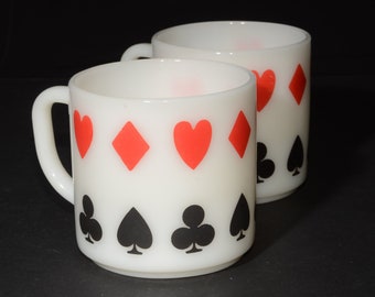 Set of 2 Milk Glass Federal stackable mugs Coffee mugs vintage Hearts Diamonds Clubs Spades card night bridge club poker night