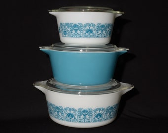 PYREX Horizon blue Casserole dish set lid cinderella Milk glass Vintage aqua 473, 474 and 475 Blue  ot