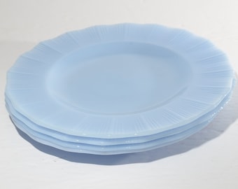 Set of 4 PYREX Delphite Blue plate 6 3/4&quot; dessert plate side plate vintage 1930s Rare Collectible  Canadian Blue Delphite pie crust