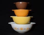 PYREX, Full Set of Four (4) graduated PYREX Town and Country Cinderella Nesting BOWLS, 441, 442, 443 and 444, vintage, 1960s, mixing bowls