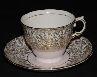 COLCLOUGH Gold Chintz Floral Pink Tea Cup and Saucer Bone