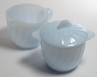 FIRE KING Blue Swirl Creamer and Sugar Bowl lid 1950s Vintage Milkglass Set in mint condition blue glass azurite