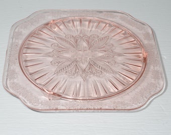 Jeannette Glass ADAM depression glass cake plate platter vintage pink depression pink glass pressed glass footed