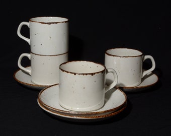 J & G Meakin England Lifestyle 8 Piece Tea Set 4 teacup and saucer sets off-white speckled in brown vintage pottery 1970s farmhouse cup 8 oz