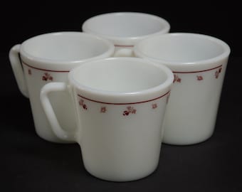 PYREX White Burgundy Rose Design Coffee/tea mugs - Set of 4 D handle Coffee mugs Tea Cups Milk glass Vintage pyrex mug red