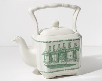 SADLER Green transferware teapot coffee pot Basket handle Vintage mid-century Bone China Jackson's Teas Piccadilly DAMAGED