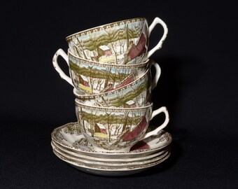 Set med 4 Johnson Brothers, vänlig by, tekopp och fat, Ice House, England, vintage, Transferware