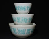 PYREX, Amish Butterprint, Set of 3 Amish ButterprintTurquoise bowls 401, 402 and 403, Vintage Pyrex Mixing Bowl Set, 1950s Kitchen, Vintage