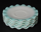 Set of 5, White, HAZEL ATLAS, Crinoline, Turquoise, Teacup saucers, 6 inches, milk glass, saucer, ripple, Vintage, aqua blue, ruffled edge