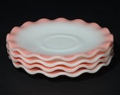 Set of 4, HAZEL ATLAS, Crinoline, Pink, Teacup saucers, 6 inches, MINT, milk glass, White, ripple,Vintage,ruffled edge, ruffle, saucer