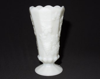 Vintage Milk Glass Vase Grape Design Grapes & Vine wedding vase white scalloped edge CHIP