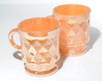 FIRE KING Set of 2 Vintage Peach luster Mug Kimberly pattern 1950s Anchor Hocking Coffee mug Peach lustre lusterware 8 oz