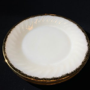 Fire King Golden Anniversary set of 4 dinner plate 9 inches plate Ivory Swirl 22K gold rim milk glass vintage