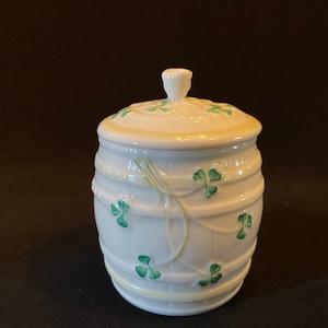 Belleek Ireland Marmalade jam jar barrel sugar bowl lidded vintage embossed basket weave mint condition shamrock  clover