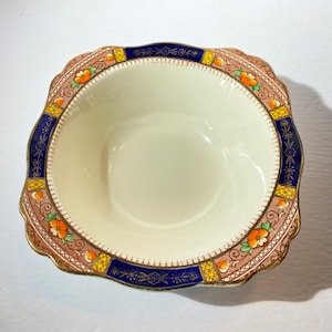 J&G Meakin Sol Queen Mary serving bowl serving dish 8 1/2&quot; squared band England ironstone 391413 gold brown cobalt rim rust yellow flowers