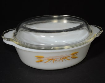 FIRE KING Casserole Dish with original lid Golden Wheat 1 1/2 Qt Milk Glass Serving Dish harvest wheat Vintage Fire King 1960s