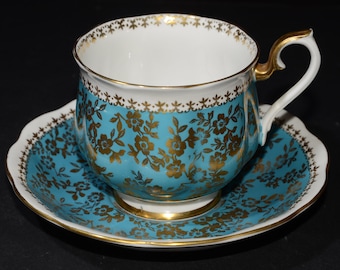 ROYAL ALBERT Teacup and saucer Set Malborough Series Deep teal blue Gold Rimmed England Vintage turquoise Bone China