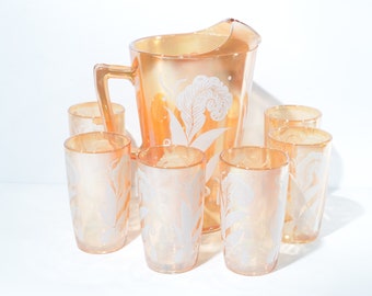 Jeannette glass pitcher glassset ice lip marigold carnival glass 6 1/2" water pitcher luster white flowers floral 6 tumblers