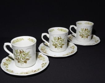 J & G Meakin Colonial Garden set of 3 cup and saucer teacup coffee cup mug Green Brown Rose England vintage floral embossed rim