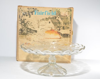 Anchor Hocking Footed Cake Plate Cake Stand FAIRFIELD 10 inches made in USA original box clear glass vintage pedestal