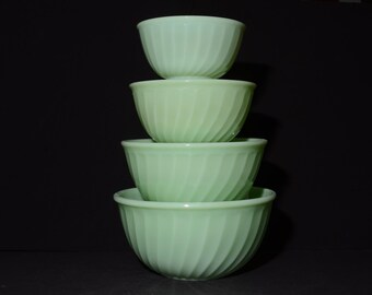 FIRE KING Jadeit Swirl Schüssel 4er Set Milchglas Vintage 1950er Jahre Schüssel klassische Schüssel grün super Zustand