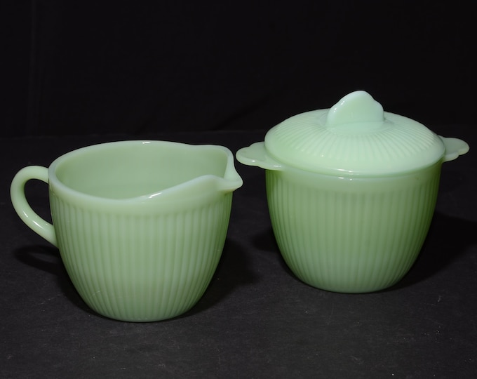 FIRE KING Jadeite Jane Ray Creamer and Sugar Bowl With Lid Set