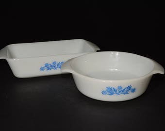 FIRE KING Milk glass Rectangle Loaf pan and round casserole Blue Cornflowers pattern baking dish Anchor Hocking Casserole dish Vintage