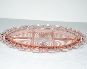OLD COLONY Pink Depression Glass Platter Serving plate oval Divided 5-Part Lace edge open lace Hocking glass  1930s excellent condition ot