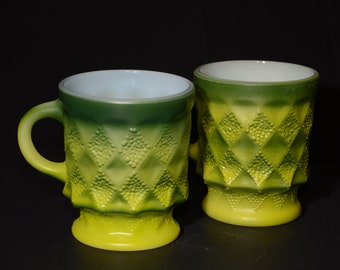 Set of 2 Vintage FIRE KING Kimberly Green C handle Coffee mugs Tea Cups Milk glass great condition Anchor Hocking Fathers Day  8 oz