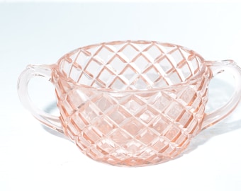 Pink Depression Glass Hocking glass Waterford Waffle open sugar bowl Diamond 1930s