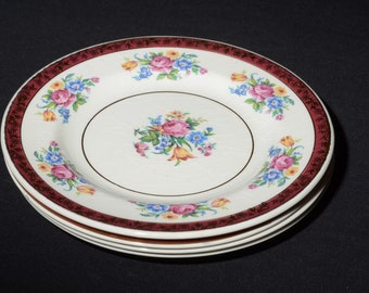 Set of 4 Vintage Swinnertons Tudor rose 6 1/2" dessert plate side plate Bone China England floral bouquet Staffordshire 22 Kt gold