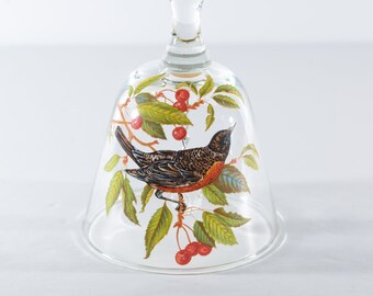 Glass Bell bird robin vintage bell with bird clear glass foliage leaf red berry bird