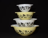 PYREX, Gooseberry, Set of 4, Cinderella, Yellow, Nesting bowls, 441 to 444, AMAZING SET, Vintage Pyrex Mixing Bowls, 1950s,Leaves and Berrys