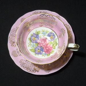 Vintage Shafford Lusterware lilac pink Teacup and Saucer Set  3 footed Japan hand decorated pink and purple flowers gold SCUFFING on saucer
