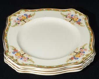 ROYAL WINTON Grimwades Set van 4 vierkante borden 8 inch art deco gouden rand bloemenboeket jaren 1930 Engeland Crazing 1956 1930s