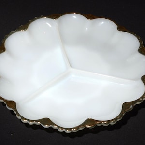 vintage FIRE KING blanc 22 carats garniture ancre hocking 3 parties plat relish divisé plat de service assiette divisée en verre de lait
