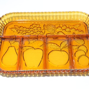 Indiana Glas Relish Tablett Bernstein Ringelblume Luster Obst-Servierplatte Geteilt 5 Teilig USA Bubble Griff FLEABITES