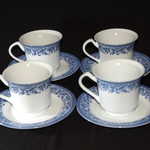 ROYAL HERITAGE Country Cottage set of 4 Teacup and Saucer set Ornate Blue Flowers blue and white China vintage floral fine porcelain