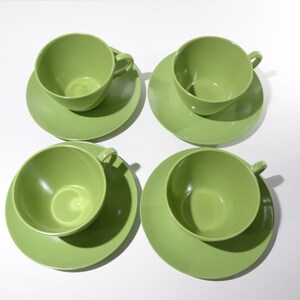 Vintage Set of 4 avocado green MELMAC Maplex Teacup and saucer sets Mid century Hard Plastic Melamine cups mug Canada Quality Dinnerware image 3