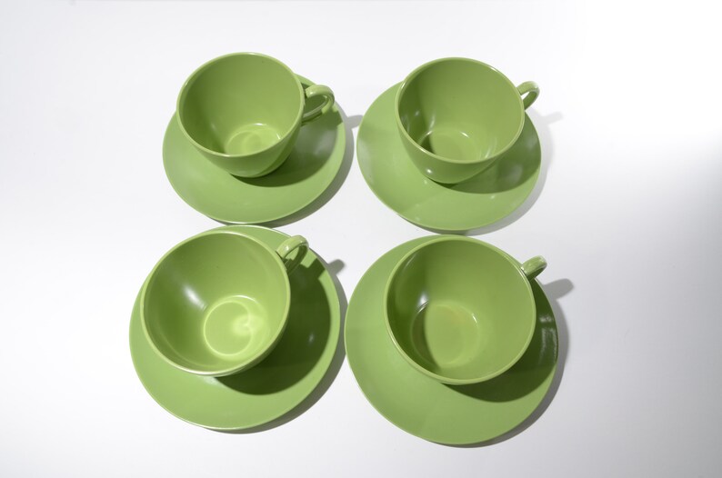 Vintage Set of 4 avocado green MELMAC Maplex Teacup and saucer sets Mid century Hard Plastic Melamine cups mug Canada Quality Dinnerware image 3