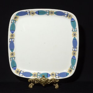 Piatto quadrato Figgjo Clupea Norvegia da 9-1/4" con pesce blu turchese vintage metà secolo Turi Gramstad Turi design 2101
