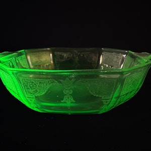 Ensaladera octogonal Hocking Glass Vintage Princess Green de cristal de la Depresión, plato para condimentos, plato para servir, vidrio de uranio, vidrio de vaselina