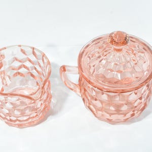 Jeannette Glass CUBE Pink Depression Glass creamer and sugar bowl with lid Pressed Glass diamond pink glass Cubist fleabites on handles