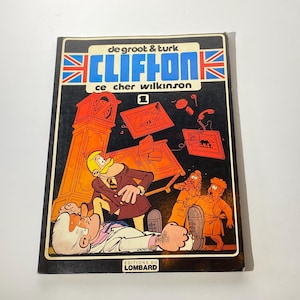 May include: A vintage comic book cover featuring the title "Clifton" with a Union Jack design. The cover depicts cartoon characters in a chaotic scene with a clock, furniture, and other objects. The comic is number 1.