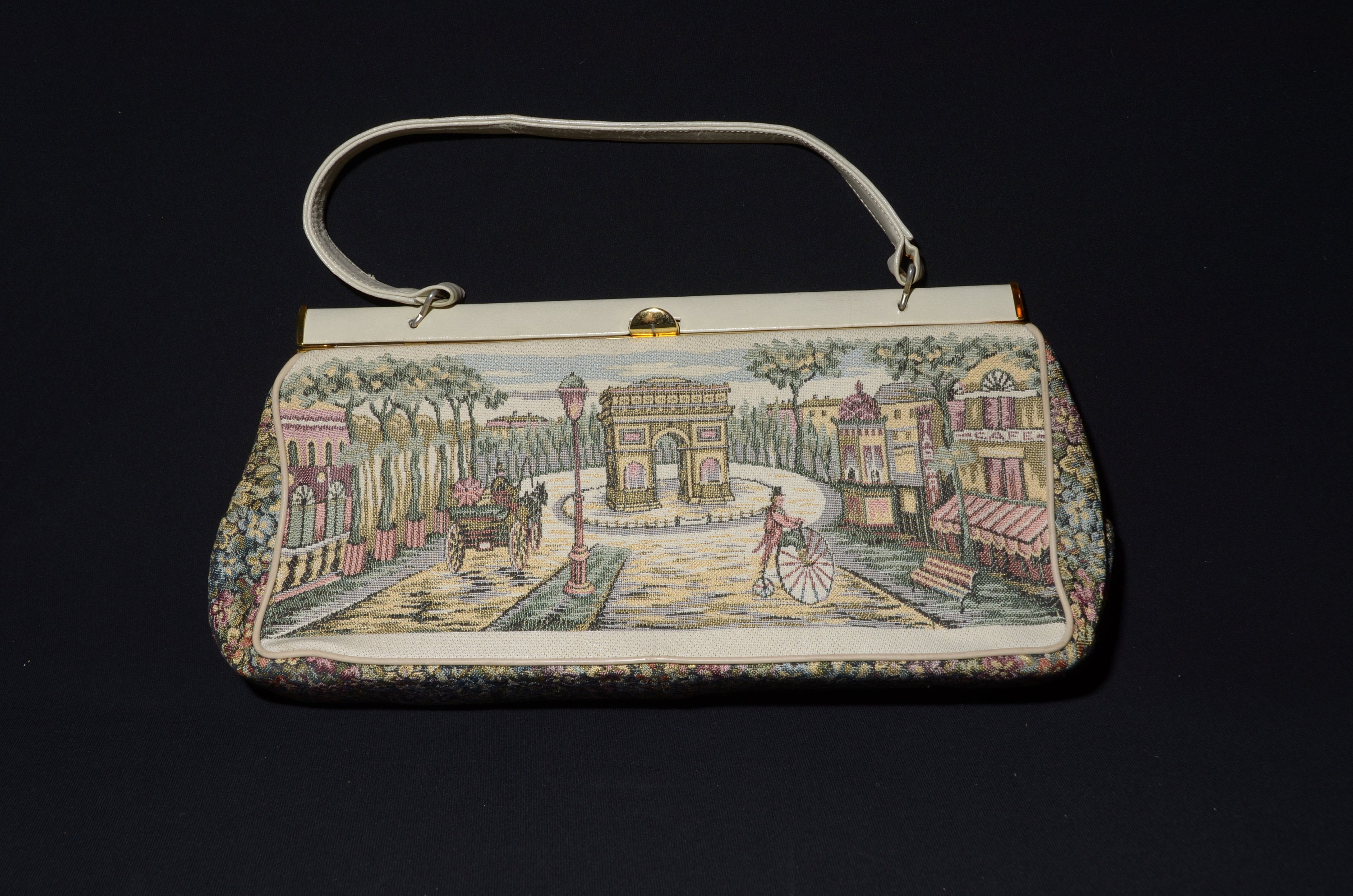 Vintage Handbag Italian Tapestry La Marquise C.1960 Embroidered Tapestry  Purse Arc De Triomphe Paris France Outdoor Scene Leather 